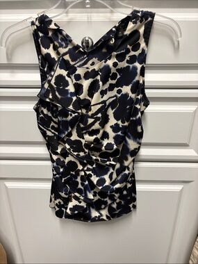 Ann Taylor Navy and Cream Ruffle-Front Sleeveless Blouse